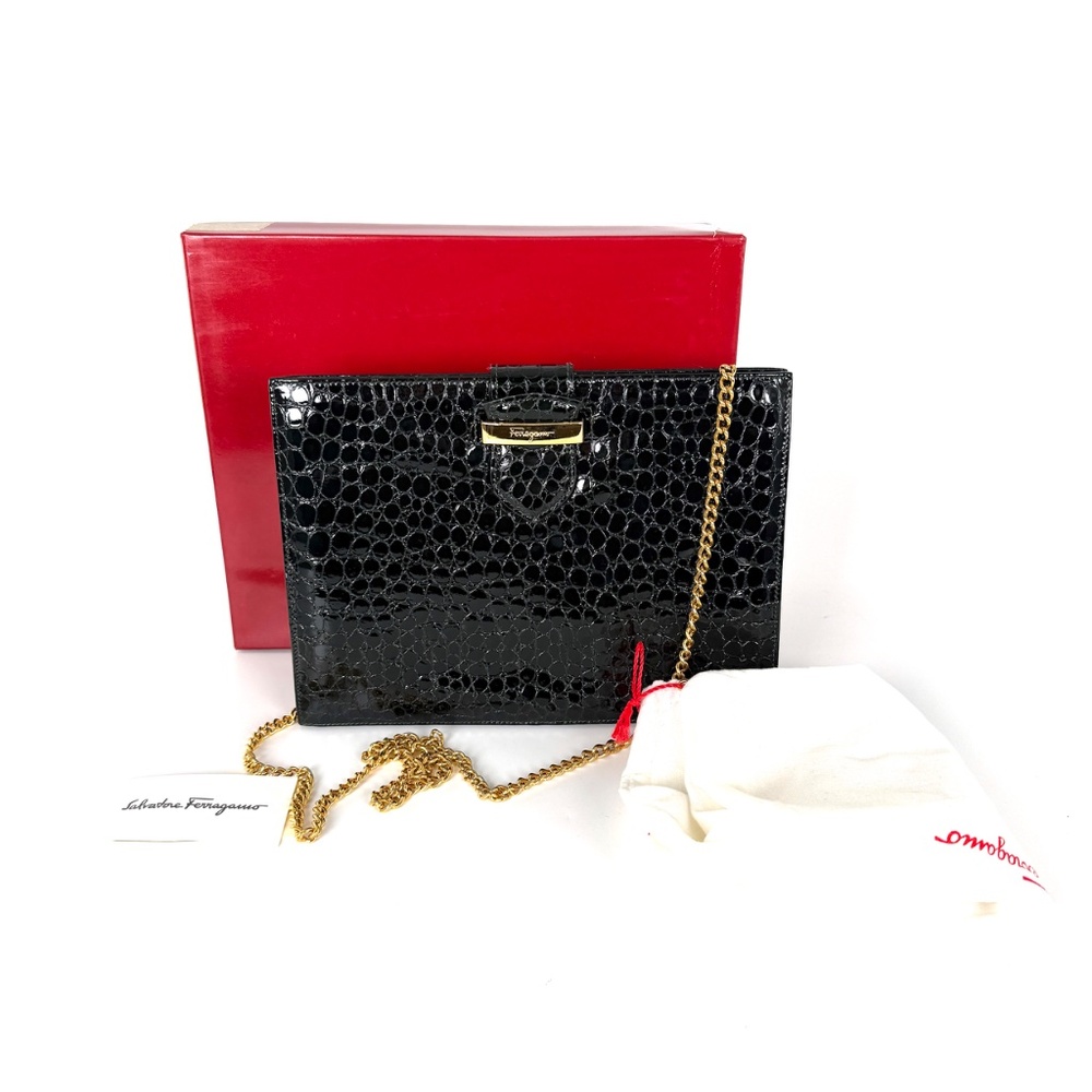Vintage Salvatore Ferragamo Dark Green Croc Embossed Crossbody Clutch Chain Bag - Picture 2 of 15